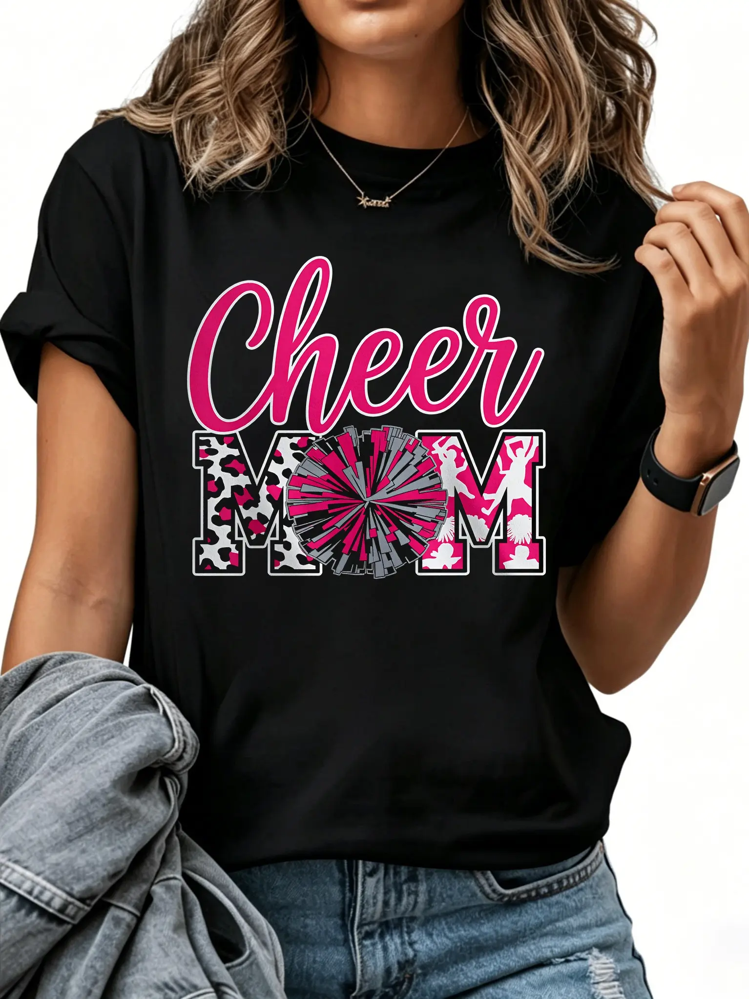 100% Cotton Cheer Mom Hot Pink Black Leopard Lettering Cheerleading Women's T-Shirt - Seseable