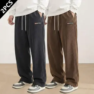 2-pack men’s fashion versatile casual pants; all-season straight-leg loose long pants made from corduroy fabric with an elastic waistband and drawstring; solid-color men’s pants suitable for everyday casual wear, sports, and outdoor activities; also ideal