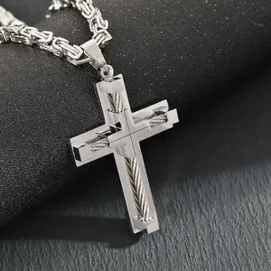 Stainless Steel Large Cross Chain Necklace for Men 24 Inch Byzantine Style Adjustable Length Stylish Design Daily Wear Gift