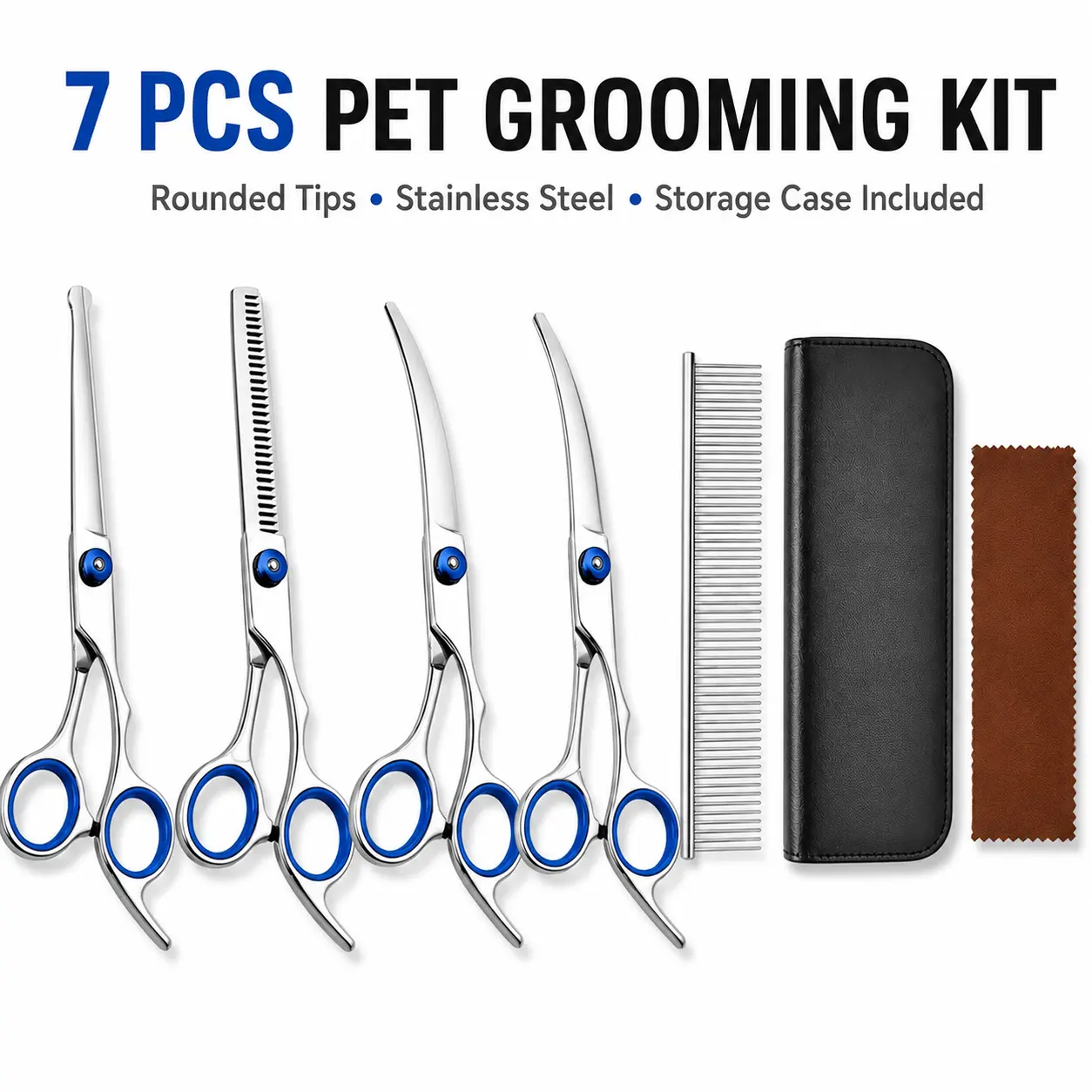 7-Piece Pet Grooming Scissors Kit, 6.5-Inch Stainless Steel Dog & Cat Hair Trimming Shears with Rounded Tips, Straight, Thinning & Curved Scissors, Metal Comb, Storage Case and Cleaning Cloth