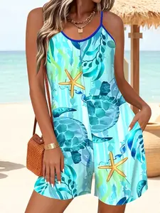 【Plus Size】 Tie Dye & Plants Print Tank Romper, Casual Sleeveless V Neck Romper for Summer, Women's Clothes for Beach Holiday Vacation, Womenswear