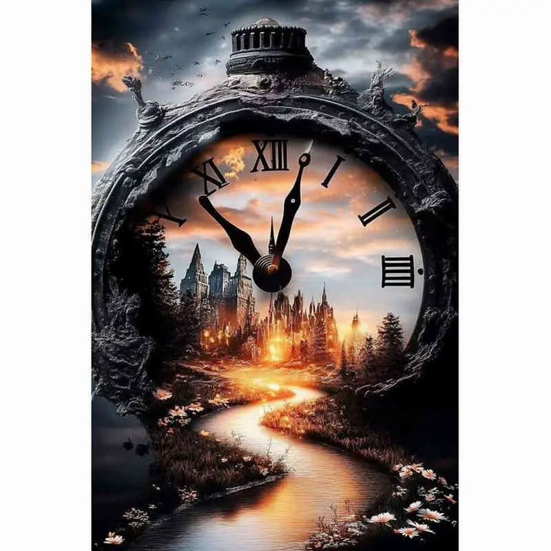 5D Full Drill Diamond Painting Kit - Vintage Pocket Watch with Magical Castle & Glowing Path, Round Acrylic Diamonds, Time Travel Themed DIY Art, Ideal Gift for Fantasy & Craft Enthusiasts