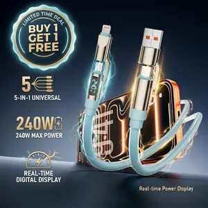 Buy one get one free I 5-in-1 Multi Digital Display 240W Fast Charging super Liquid Silicone Cable with USB A Type C Lightning for iPhone17/Samsung /Android/Laptops Charger