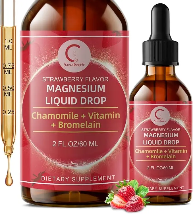 GREENPEOPLE Magnesium Glycinate Liquid Drops with Chamomile, Hawthorn & Ginger for Stress Relief & Digestive Comfort, Fast Absorption, Non-GMO, Vegan, Sugar-Free, Strawberry Flavor, 2 FL OZ, 60-Day Supply, Vitamin, Healthcare, Dietary