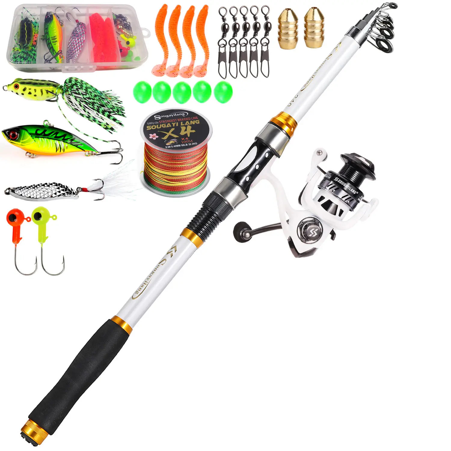 Sougayilang Telescopic Fishing Combo, 6.88ft 2.1m Fiberglass Spinning Rod & 13+1 BB 5.2:1 Spinning Reel 3000, Portable Travel Fishing Pole and Reel Full Kit