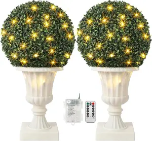【Christmas Gift】16” Artificial Plant Topiary Ball, Pre-Lit Artificial Topiary Plant with Lights, Timer and Remote Control, Artificial Outdoor Porch Trees with Light Base for Outdoor Indoor White