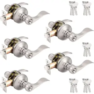 5 Pack Wave Style Keyed Alike Entry Levers, Reversible Keyed Door Handles with Lock and Same Keys, Exterior Interior Entry Locks in Satin Nickel FinishH1HomeFixMart