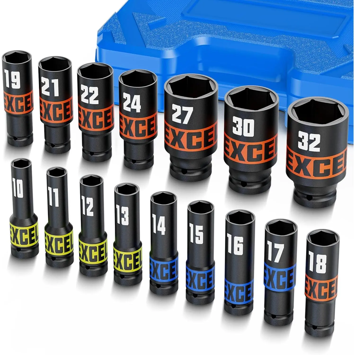 16 Piece 1/2-Inch Drive Impact Socket Set, 10-32mm Deep Sockets, 6 Point Metric Sockets for Automotive Repair, Equipment Maintenance