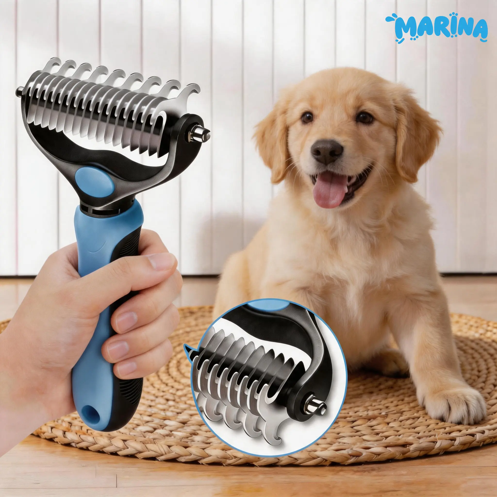 extra-wide dog Double-Sided Pet Deshedding Brush Grooming Tool - Hurtless Undercoat Rake Comb for long haired Dogs, Detangles Coat, Tackles Matted Hair, Reduces Shedding & Flying Hair for Practical Daily Grooming，stainless steel teeth