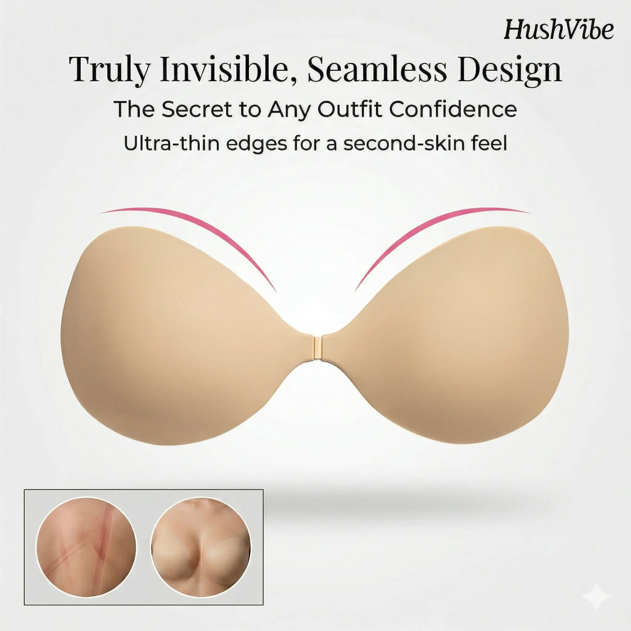 HushVibe Push-up Sticky Bra - Seamless fit that stays in place, invisible lift, comfortable women's bra,  Waterproof & Sweat-proof, Portable, Reusable, Washable, Essential for Travel Women's Wear with Storage Board Wireless Strapless Bra Underwire Minimiz