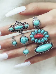 Boho Style Unique Turquoise Ring Set, Vintage Punk Design, Hollow Out Pattern, Zircon Inlay, Silver Color, Unisex Jewelry, Daily Wear