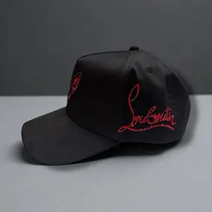 Hat  Black with Red Sole Rhinestones and Suede Visor Premium Quality Headwear Snapback Leather Patch Hat