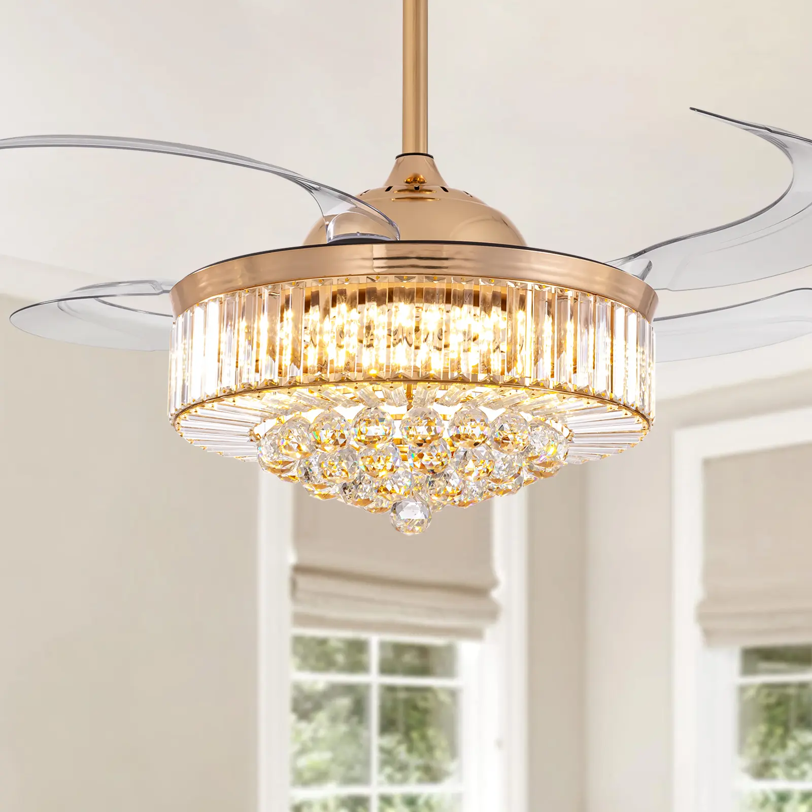 48'' Fandelier Ceiling Fan with Light, Retractable Chandelier Fan LED Dimmable Crystal Ceiling Fan Chandelier  for Bedroom Living Room Dining Room-Gold