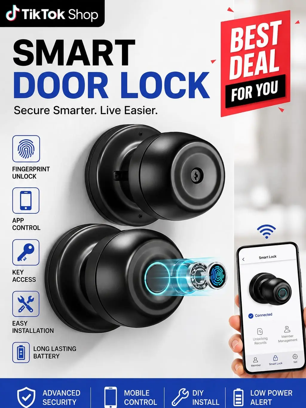 [Deals for You Days] Fingerprint Door Lock, Smart Fingerprint Door Knob with Lock, Biometric Door Lock with App Control And Key, Keyless Thumbprint Entry Door Lock for Bedroom, Front Door, Home, Apartment Office hellowen gift ,christmas gift, Fathers Gift