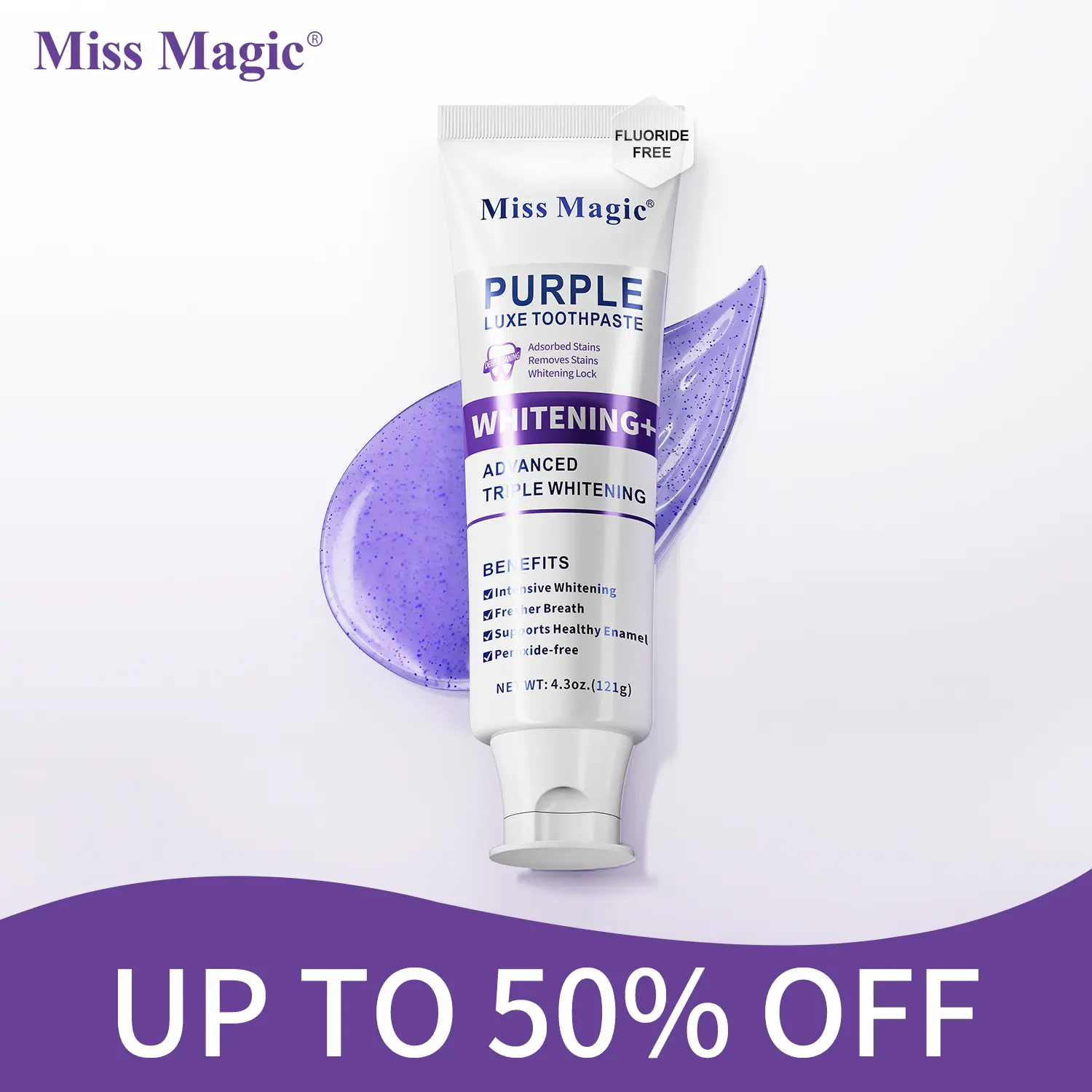 MissMagic Purple Toothpaste –Fluoride Free, Color-Correcting Whitening, Stain Removal, Long-Lasting Fresh Breath, Brightens Yellow Teeth, Supports Oral Health| Brightens Yellow Teeth