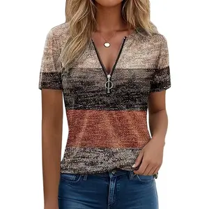 Flamingals Colorblock Zipper Front Round Neck Short Sleeve T-Shirt Womenswear Summer Vibes