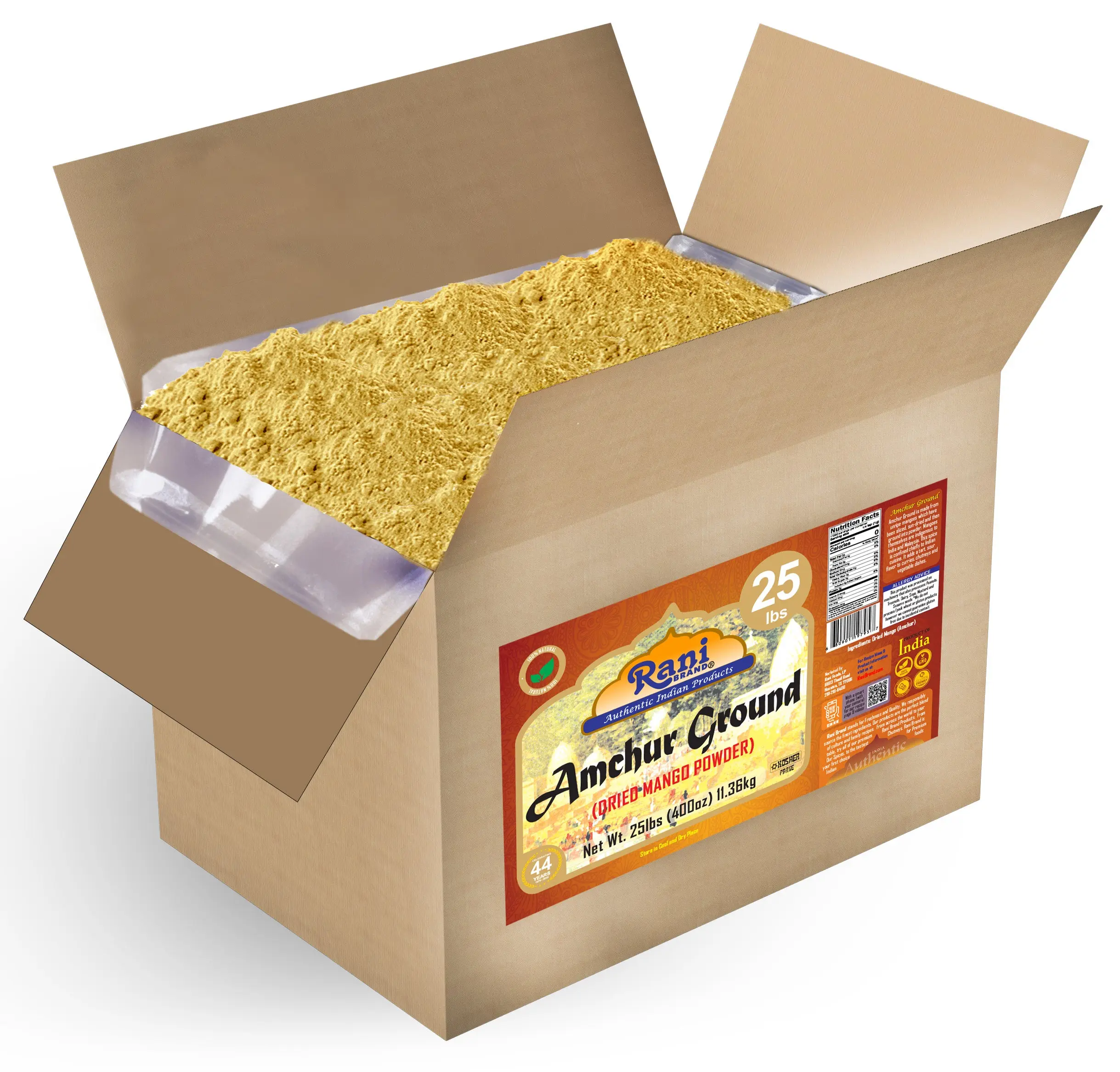 Rani Amchur (Mango) Ground Powder Spice 400oz (25lbs) 11.36kg Bulk Box ~ All Natural, Indian Origin | No Color | Gluten Friendly | Vegan | NON-GMO | Kosher  | No Salt or fillers