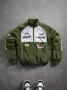 Men's Casual Fall Winter Jacket, Vintage Motorcycle Style Patchwork Coat, Long Sleeve Fitted Baseball Jacket, Streetwear Graphic Letter Design