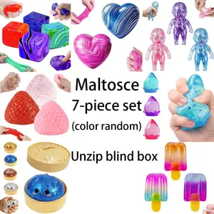 7 Piece Blind Box Malt Sugar Stress Relief Fidget Toys, Rubber Stress Balls, Creative Sensory Set, Slow Rebound Soft Candy, Party Gift, Home Office Learning Essential