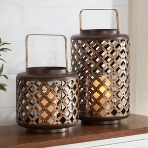 Set of 2 Antiqued Bronze Lattice Candle Hanging or Tabletop Lantern