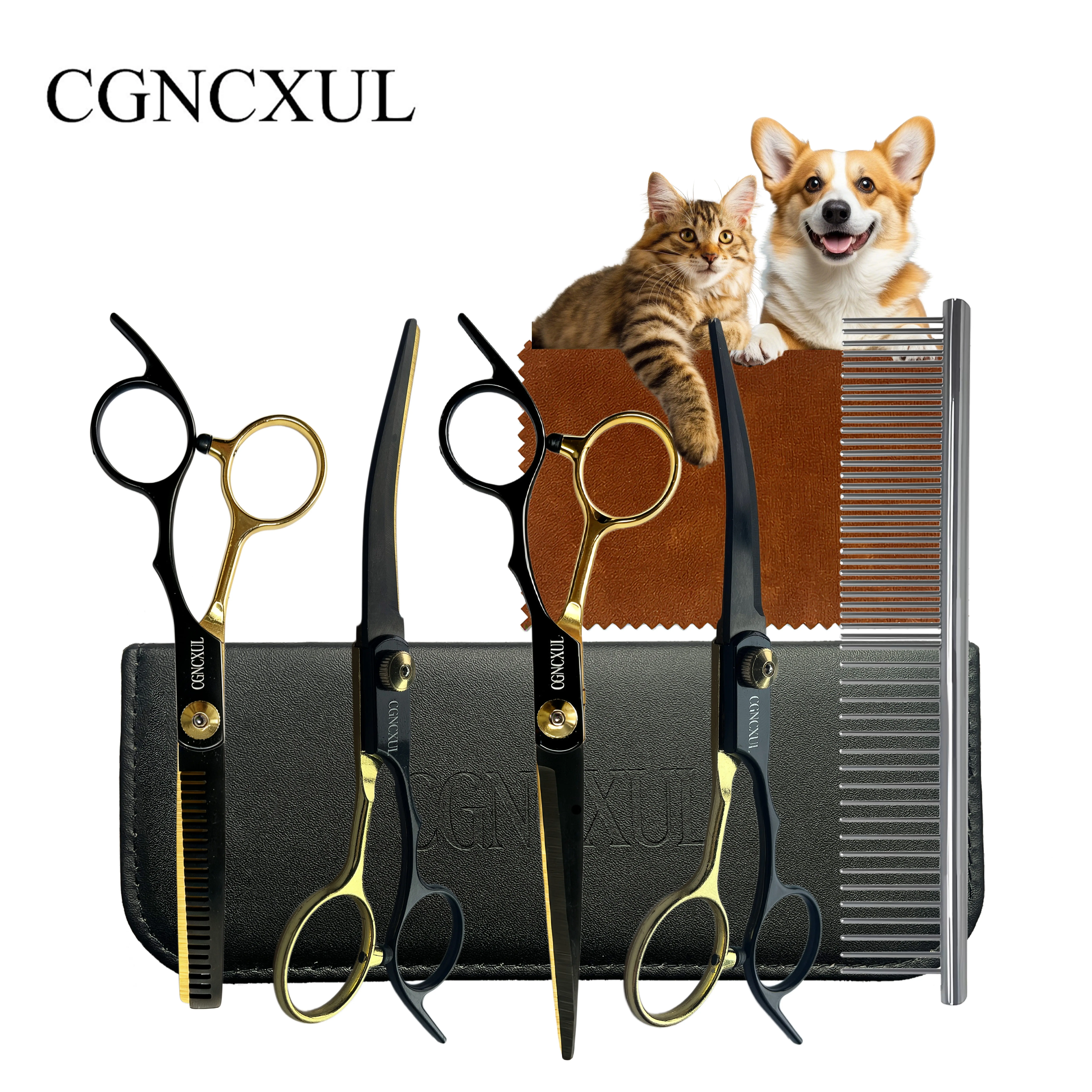 【CGNCXUL】5 PCS Professional Dog    – 7” Titanium Straight, Curved & Thinning Shears for Safe, Smooth & Easy At-Home Pet Haircuts Groomer Tools set scissors grooming