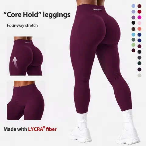 CORORO LYCRA Women’s Mid-rise Waisted Seamless Compression Leggings, Tummy Control Sculpting Workout Yoga Pants, Medium Stretch Butt Lifting Gym Activewear,No Front Seam Tummy Control Yoga Pants for Workout Running No See Through