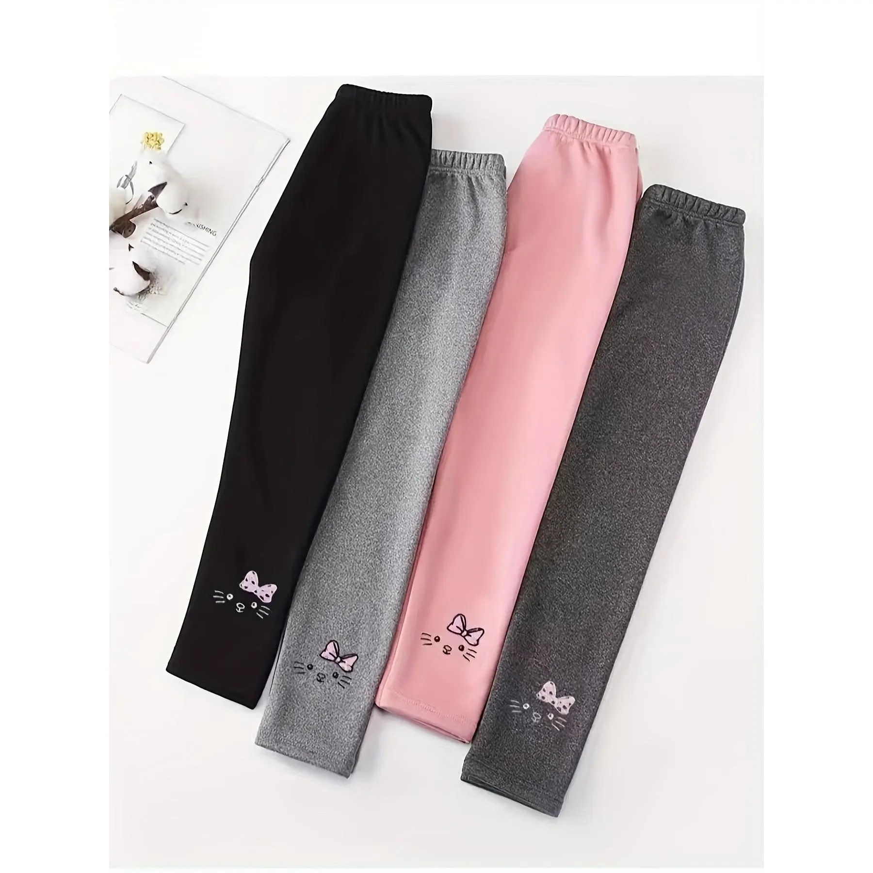 Girls' Basic Cartoon Embroidery Elastane Boneless Warm Fleece-Lined Thick Base Layer Pants, 4-Piece Gift Set for 7-8y Kids, Hand Wash, 4Pcs, Long Length
