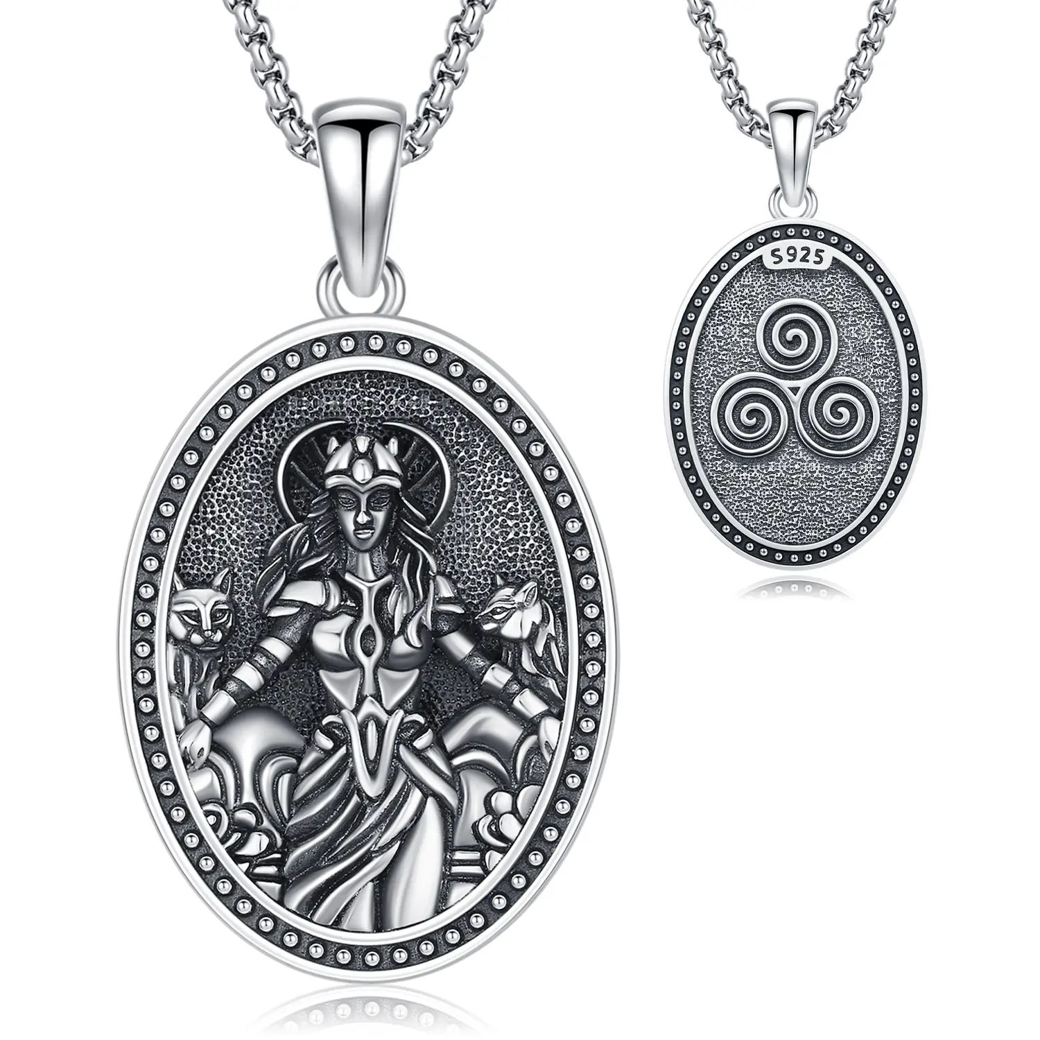 DRINSPER 925 Sterling Silver Freya Goddess Pendant Necklace for Women, Viking Jewelry, Norse Mythology Pagan Symbol for Daily Wear, Casual, Retro, Unisex, Spiritual Jewelry, Adults, Metal, Includes Chain, Lead-Free, Long-Term Wear, Nickel-Free, Chain Neck