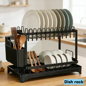 2-Tier large Dish Drying Rack sink shelf with Detachable Drainboard, Rustproof Stainless metal Steel dish drainer oversink Kitchen cocina storage Counter House Organizer with Utensil & Cup board Holders, space-saving for grilling plates Bowls Cutlery boot