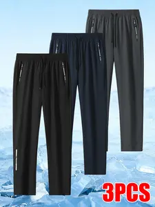 Men's 3 Pack Quick Dry Drawstring Athletic Pants, Elastic Waist Lightweight Straight Leg Joggers with Zipper Pockets, Breathable Summer Workout Sweatpants for Running, Gym & Outdoor