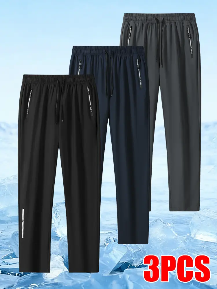Men's 3 Pack Quick Dry Drawstring Athletic Pants, Elastic Waist Lightweight Straight Leg Joggers with Zipper Pockets, Breathable Summer Workout Sweatpants for Running, Gym & Outdoor