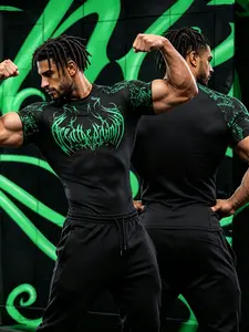 Men's Gothic Style Compression T-Shirt, Quick-Dry Breathable Moisture-Wicking, Sporty Slim-Fit Compression Sports Top for Running and Fitness
