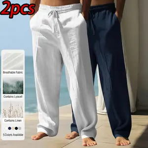 Men’s casual straight-leg pants, 2-pack: summer loose fit, breathable with a drapey feel; long pants for summer fashion, outdoor walking, camping, and vacations; cool, breathable, soft, and comfortable Lyocell linen pants.