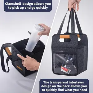 Reusable Insulated Drink Caddy, 4 Cup Drink Carrier with Handle, Folding Portable Coffee Cup Holder Bag, Dark Gray Color, for Car Travel and Delivery, 1pc