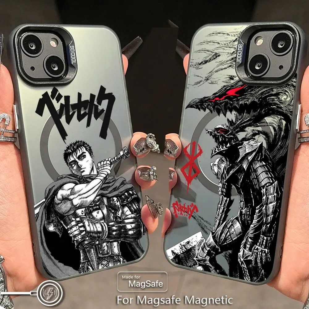 Anime Berserk Guts Magsafe Magnetic Case for iPhone 11 12 13 14 15 16 17 Pro Max Plus Soft Silver Plated Anti Fall Back Cover Cellphone Shockproof
