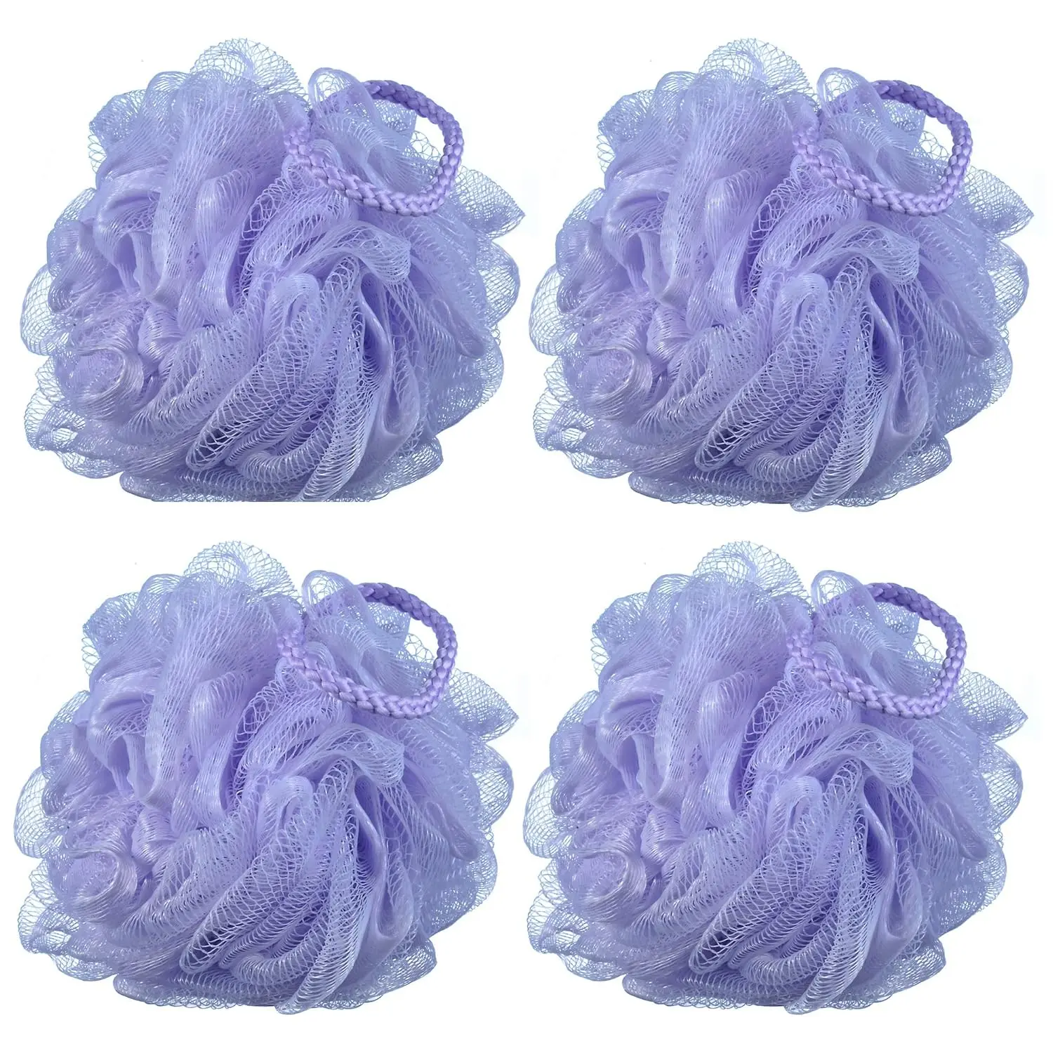 Purple Mesh Bath Sponge Shower Pouf Loofahs - 60g/Pcs, Smooth, Hanging Personal Bathing Accessories, Pack of 4