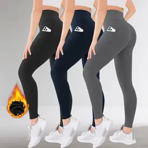 Fleece-Lined Leggings for Women, Autumn and Winter, Pocket High-Waist Sports Tight Yoga Pants, European and American Summer Style