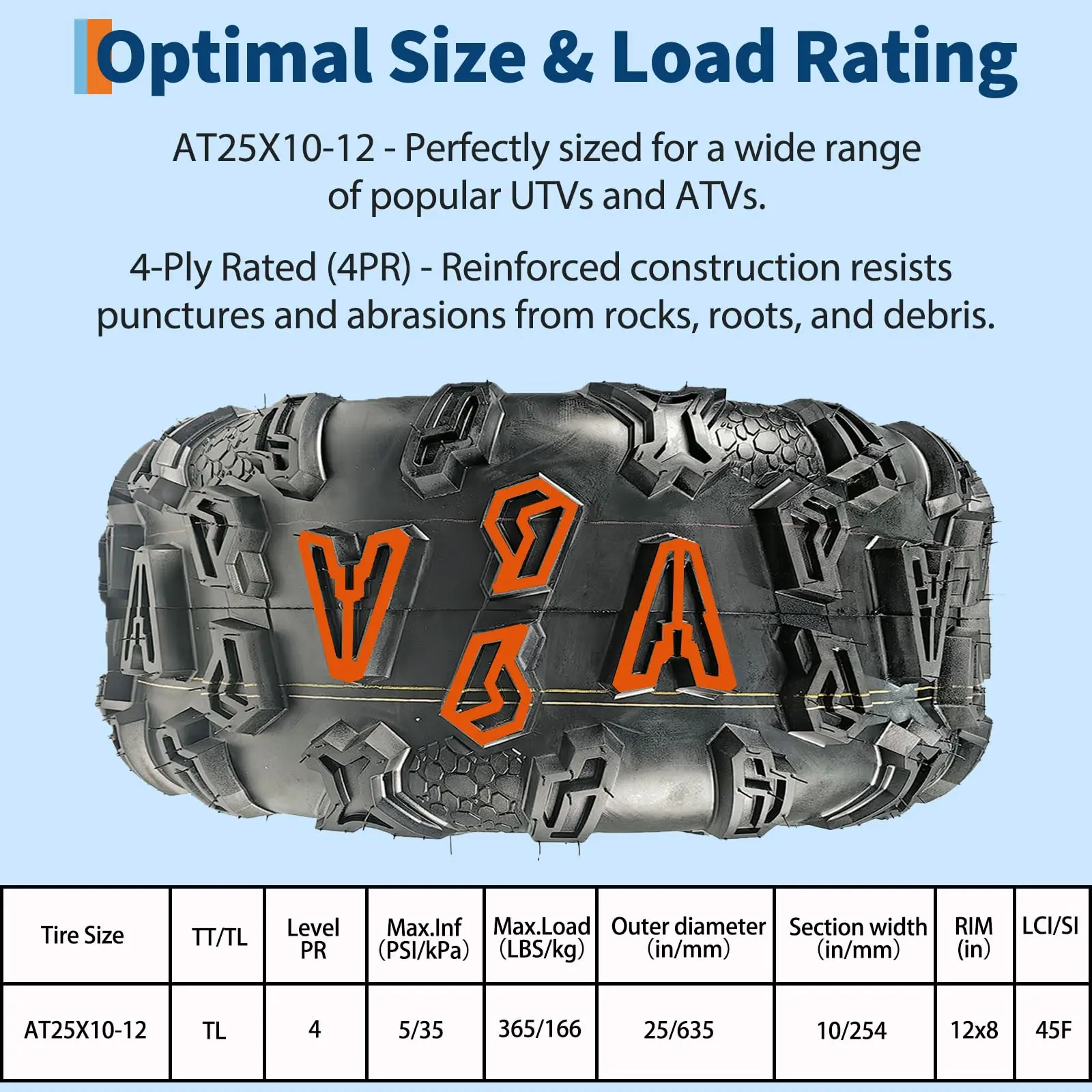 All-Terrain ATV Tires Set - 25x8-12, 4PR Tubeless Durable Puncture Resistant UTV Tires, Heavy Duty Reinforced Deep Grip for Mud, Trail, Durable Tires