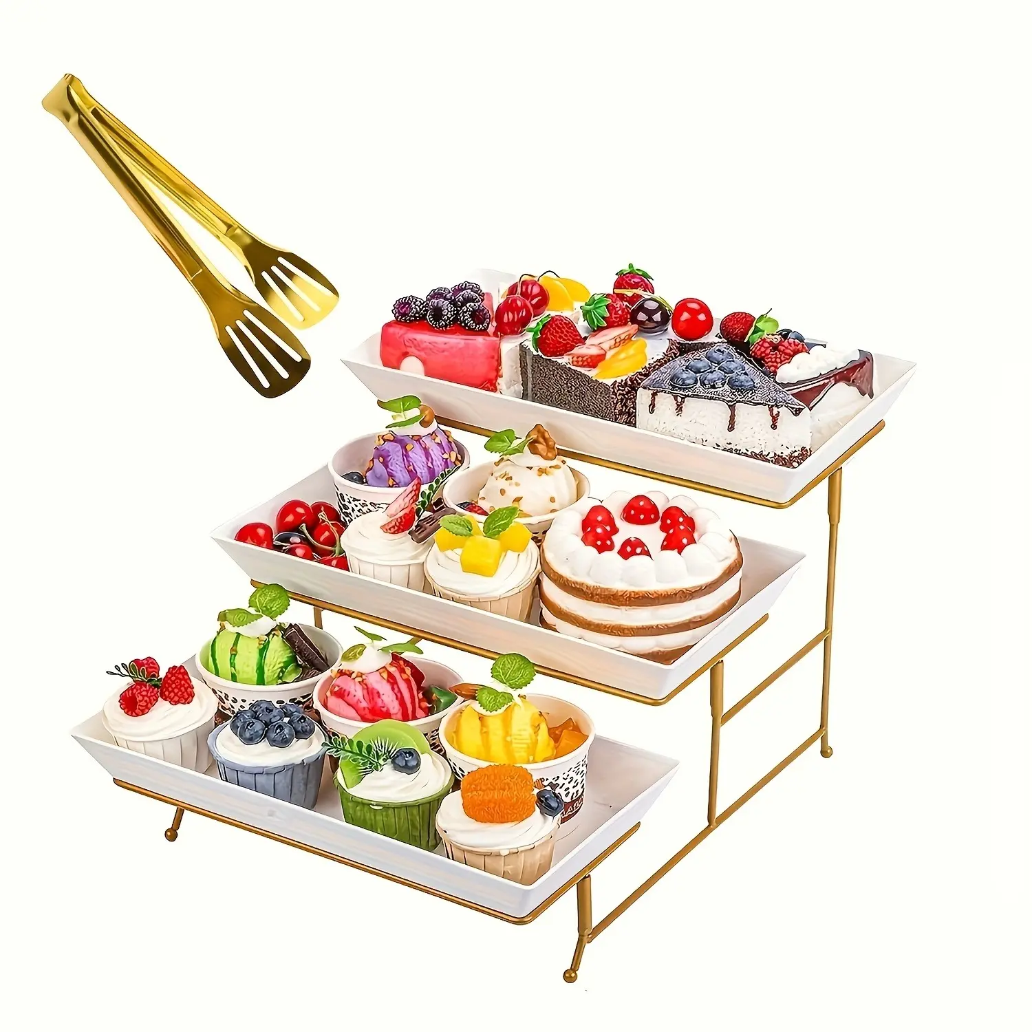 Sebastian CADIA 3-Tier Gold Frame Cupcake Stand - White Plates, Dessert Clip Set, Easy-Clean Modern Kitchenware Serving Rack, Party Dessert Stand for Birthdays, Weddings