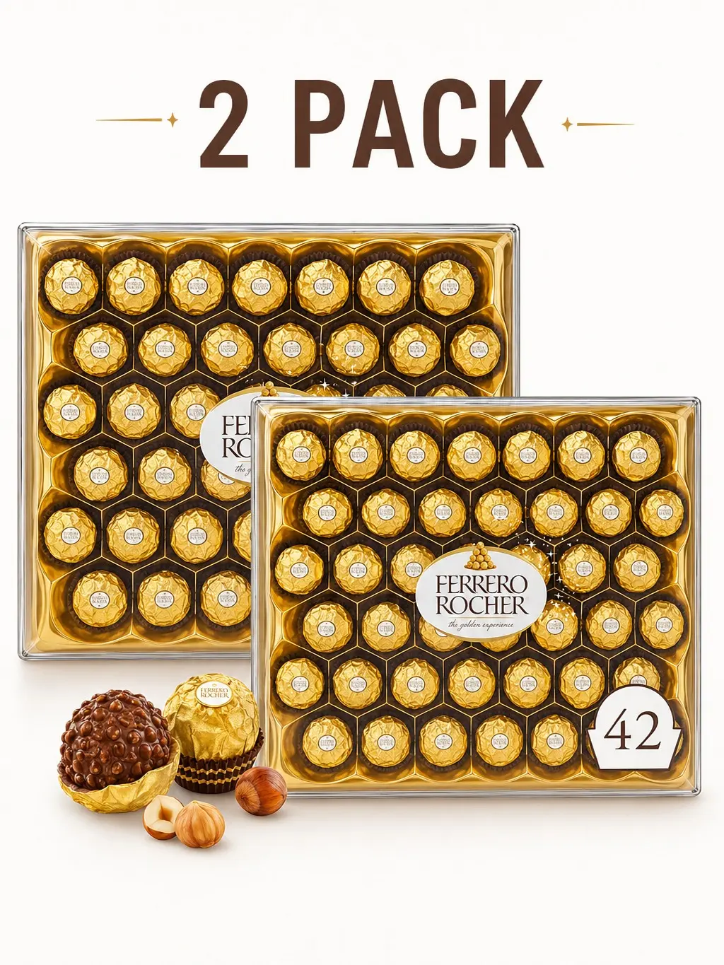 Ferrero Rocher Gourmet Hazelnut Milk Chocolate Gift Box, 42 Individually Wrapped Chocolates, 18.5 oz (Pack of 2)