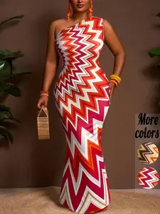 Plus-Size Colorful Zigzag Print One Shoulder Bodycon Maxi Dress, Beach Holiday Dresses, Bold Vacation Style, Stretchy Slim-Fit Fabric & Vibrant Chevron Print Detail, For Curvy Women, Perfect for Beach Getaways, Summer Parties & Resort Wear