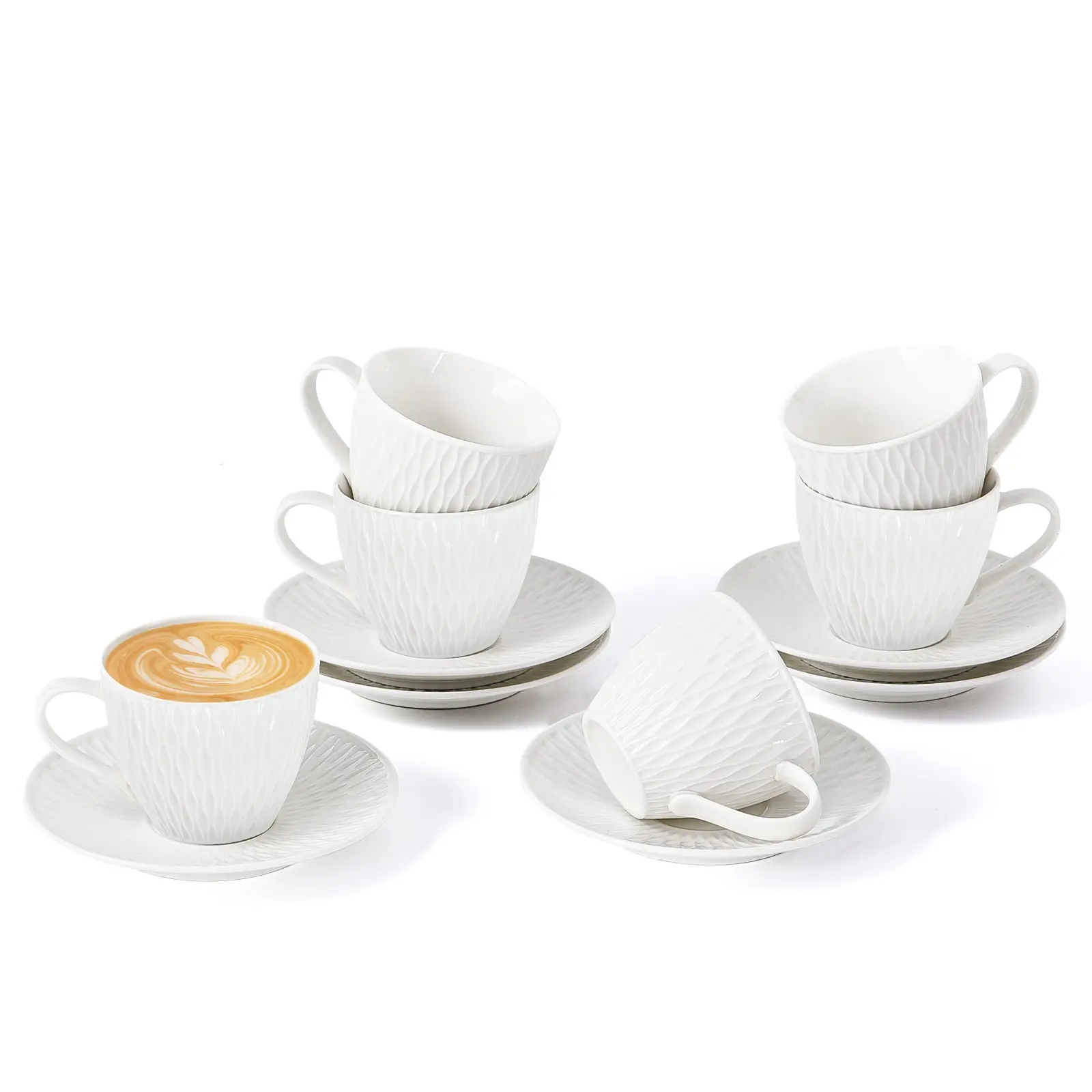 Ceramic Coffee Cups and Saucers Set of 6, 6oz Cappuccino Cups with Delicate Ripple Texture, White Coffee Mugs, Espresso Cups for Tea, Latte, Americano, Gifts for Coffee Lover, Coffee Drinkware