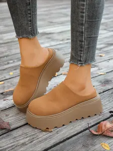 Women's Thick Rubber Sole Half Slipper Slip On Clog New Style Chunky Heel Open Toe Outdoor Lazy Walking Shoes Vintage Matte Velour Mules, All Seasons Casual Footwear