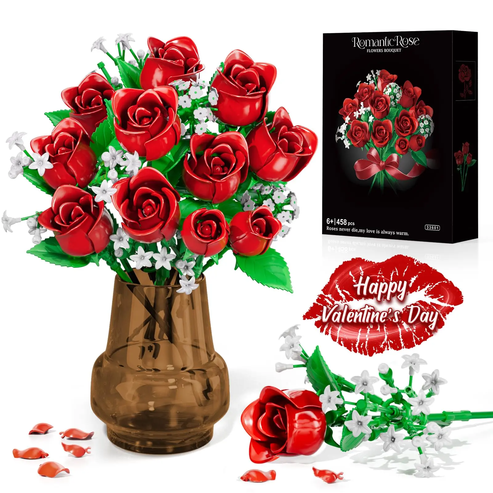 Red Rose Flowers Bouquet,Diy Artificial Rose, Decoration, Artificial Flower Decorations,Faux Rose Bouquet,Artificial Flowers for Botanical Collection, Home Decor, Valentine's Day,Mother's Day Birthday Gift,for Women Girls 6+, Artificial Decorative Flowers