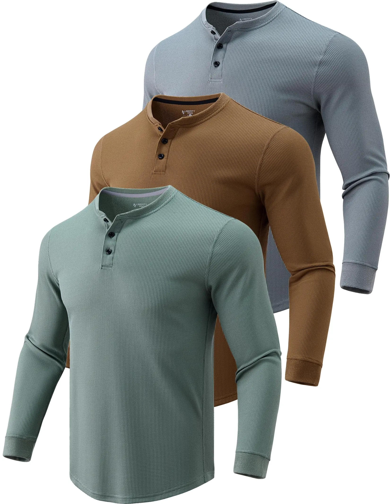 3 Pack Mens Waffle Henley Thermal Long Sleeve Shirts, Casual Fitted Fall Shirts for Men
