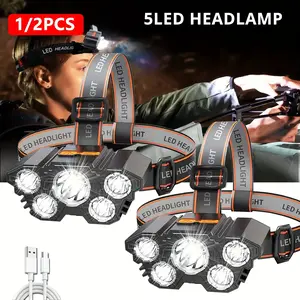 Tactical 5LED Rechargeable Headlamp USB Hands-Free Design for Fishing Hiking Camping Outdoor Maintenance Lighting High Lumens LED Flashlight spotlight pocket lead super bright zoomable flashlight with Lanyard USB-Powered Night Light Adjustable Brightness