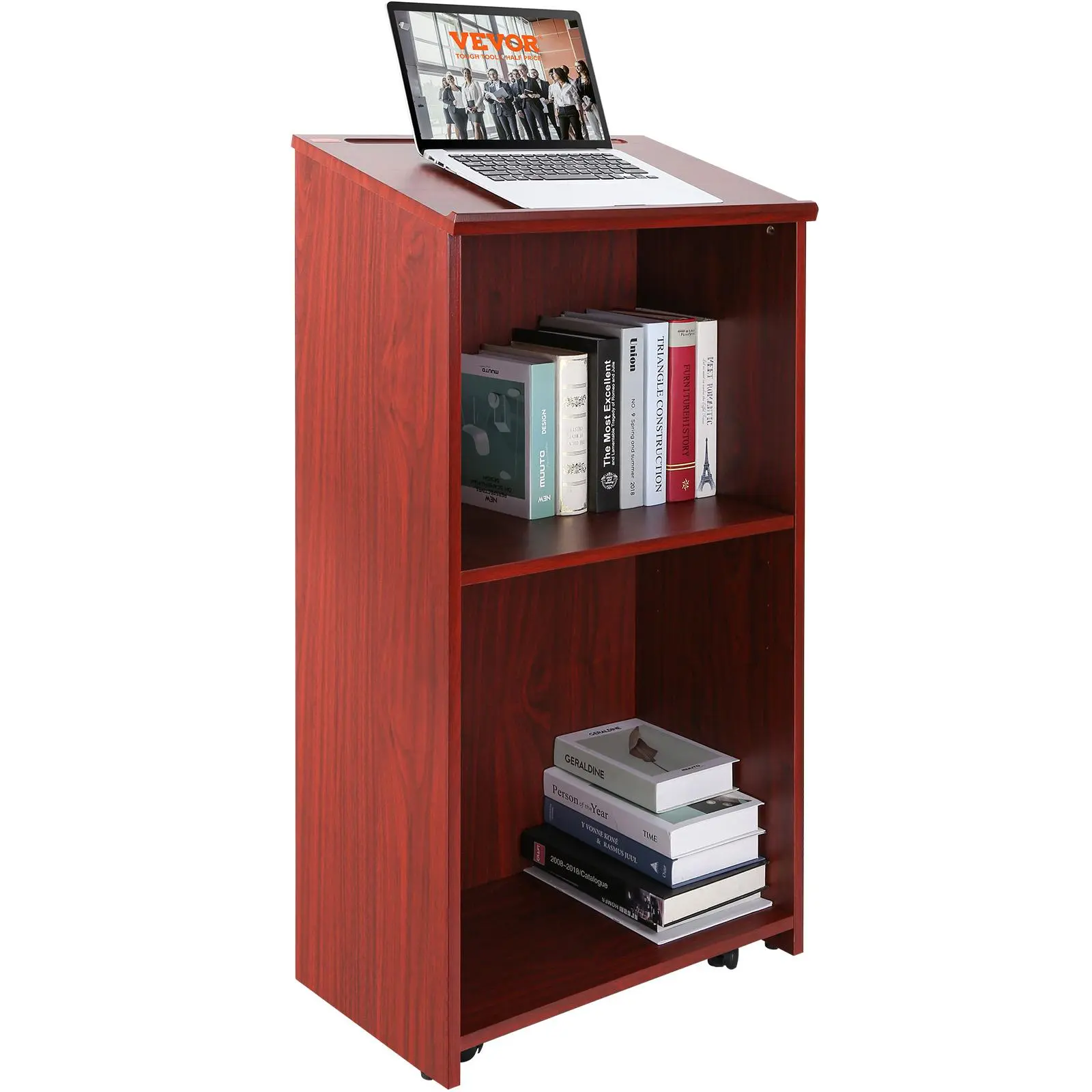 【Backtoschool】VEVOR Podium Stand, 47 inch Hostess Stand with 4 Rolling Wheels, Wood Podium with Storage Shelves and Slant Desktop, Lecterns & Podiums for Home, Office, School, Church, Brown
