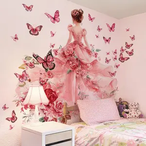 Contemporary Style Pink Floral and Butterfly Girl Wall Decals - Decorative Wall Sticker, Large Self-adhesive PVC Wall Stickers for Living Room Bedroom Sofa Backdrop, Detachable Irregular Shape