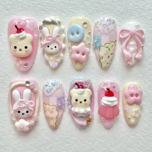 Handmade Pastel Bunny Press On Nails | 3D Bears, Cherries, Buttons & Lace Patch Art | Cute Nails For Kawaii Sweet Lolita Vibe