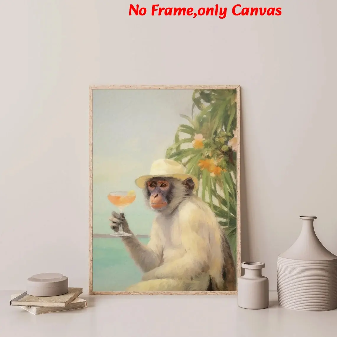 1pc, wall art, Art Work For Wall Decor, vintage poster, Unique Artwork, monkey cocktail print, Print Design, beach holiday style poster, bedroom aesthetics, living room decoration, apartment decoration, housewarming gift, Unframed, frameless